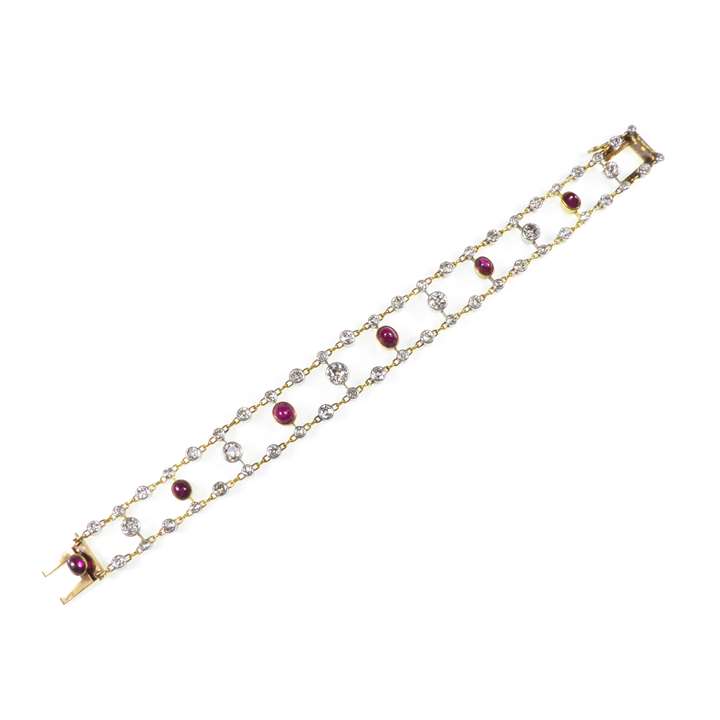 Cabochon ruby and diamond two row bracelet by Koch,  one slightly longer than the other, attaching for wear as a choker necklace